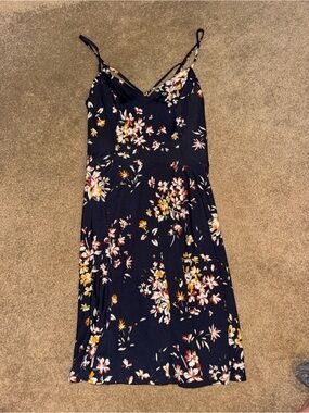 Navy Floral Midi Slip Dress with Spaghetti Straps